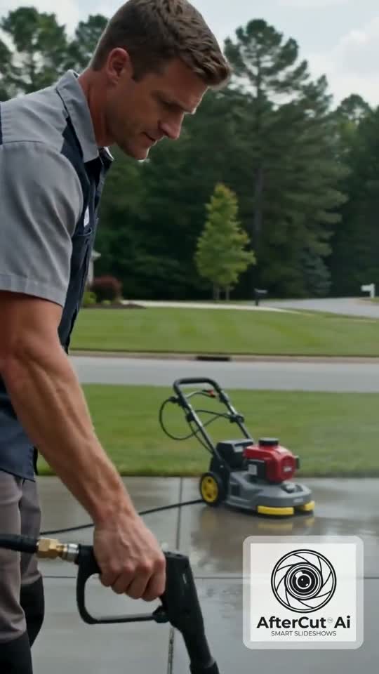 Worker pressure washing an outdoor surface