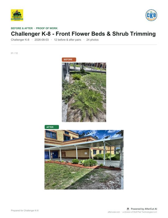 First page of the Visual Receipt PDF: Challenger K-8 School before and after, with Wolf's Cuts branding