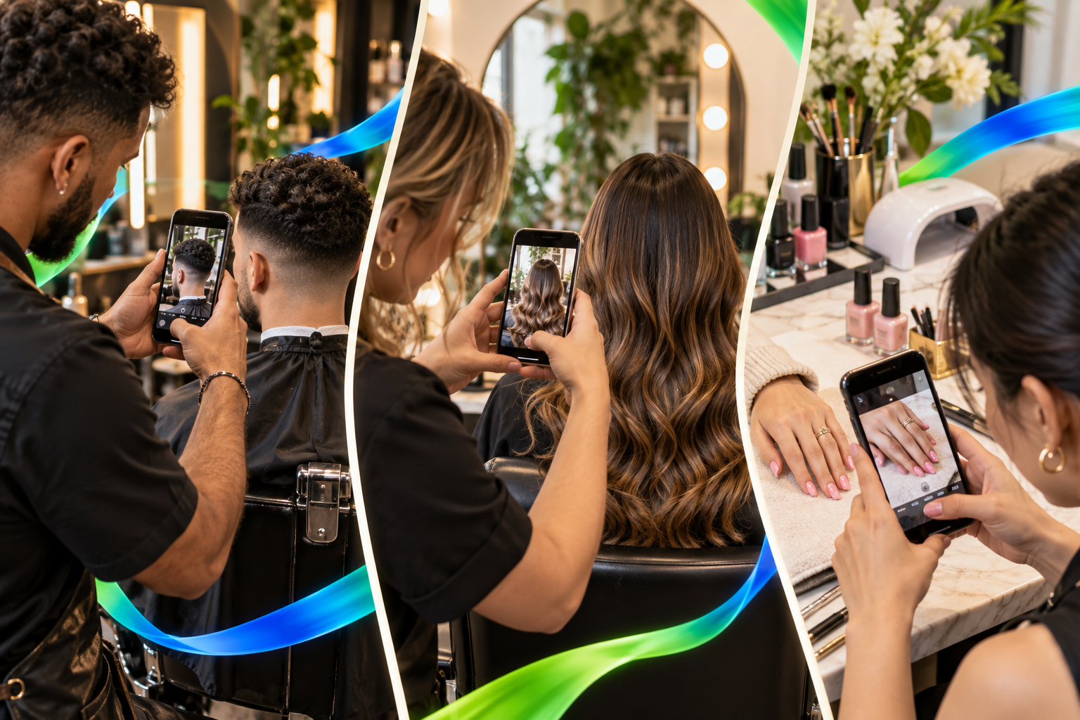 Illustrative barber, stylist and nail artist photographing their finished work